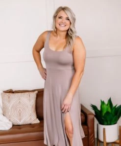 No Ship Drop Ship Get The Inside Scoop Neck Dress In Taupe Apparel