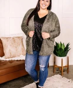 No Ship Drop Ship Stay With Me Feather Cardigan In Olive Apparel