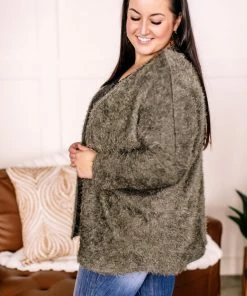 No Ship Drop Ship Stay With Me Feather Cardigan In Olive Apparel