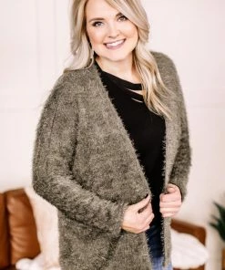 No Ship Drop Ship Stay With Me Feather Cardigan In Olive Apparel