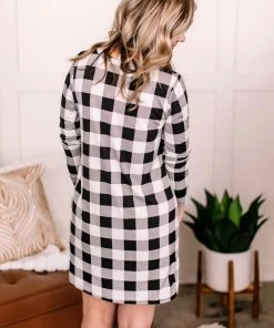 No Ship Drop Ship Across The Board Dress In Black + Ivory Checks Apparel