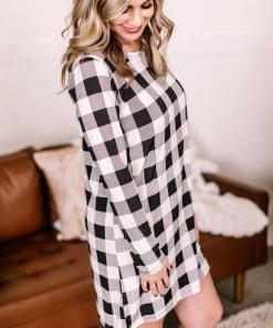 No Ship Drop Ship Across The Board Dress In Black + Ivory Checks Apparel