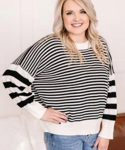 No Ship Drop Ship That Was Easy Black & White Striped Pullover Sweater Apparel