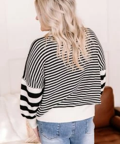 No Ship Drop Ship That Was Easy Black & White Striped Pullover Sweater Apparel