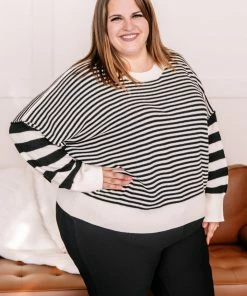 No Ship Drop Ship That Was Easy Black & White Striped Pullover Sweater Apparel