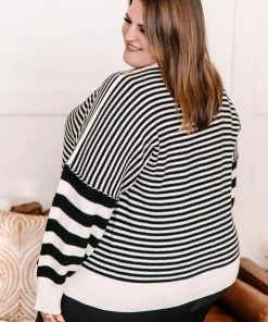 No Ship Drop Ship That Was Easy Black & White Striped Pullover Sweater Apparel