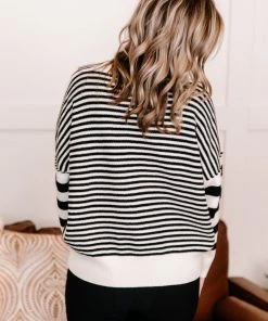 No Ship Drop Ship That Was Easy Black & White Striped Pullover Sweater Apparel