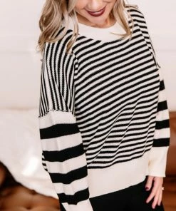 No Ship Drop Ship That Was Easy Black & White Striped Pullover Sweater Apparel
