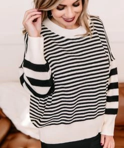 No Ship Drop Ship That Was Easy Black & White Striped Pullover Sweater Apparel