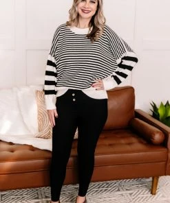 No Ship Drop Ship That Was Easy Black & White Striped Pullover Sweater Apparel