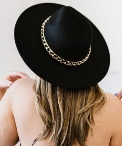 Trendsi Finishing Touches Gold Chain Flat Brim Fedora