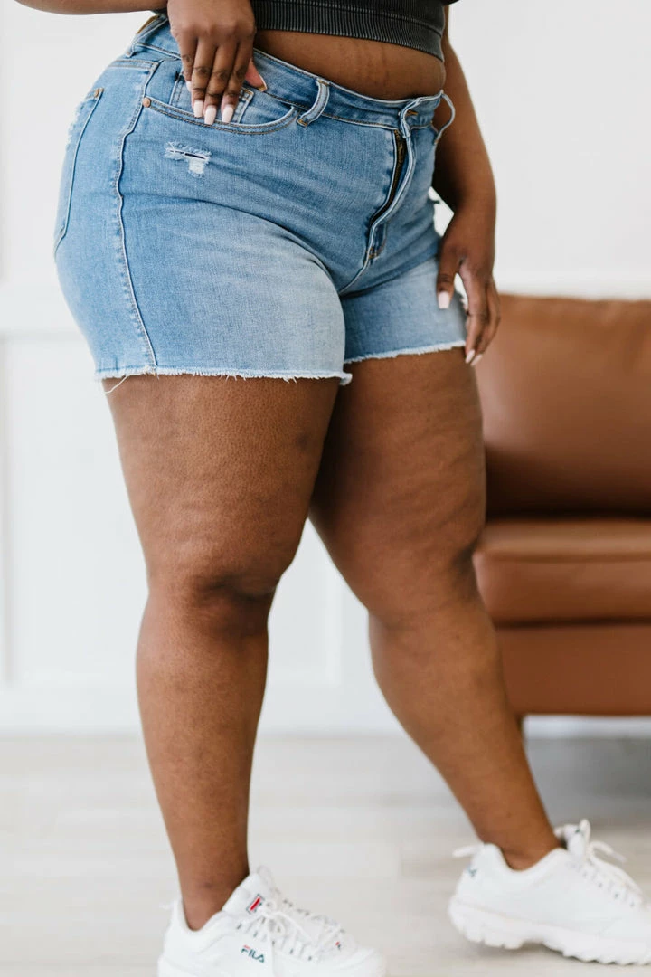 Trendsi Judy Blue Penny Full Size High-Waisted Distressed Shorts Apparel 4 Trendsi Judy Blue Penny Full Size High-Waisted Distressed Shorts Apparel