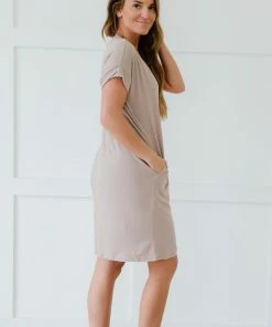 Trendsi Apparel Natural Beauty T-Shirt Dress With Pockets In Ash Mocha & Ash Rose