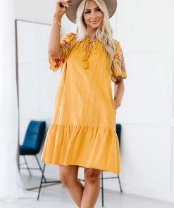 Trendsi Apparel Flowers For You Embroidered Dress In Mustard