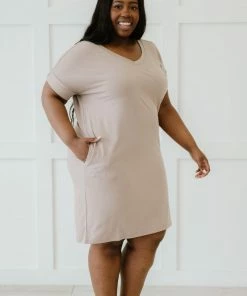 Trendsi Apparel Natural Beauty T-Shirt Dress With Pockets In Ash Mocha & Ash Rose