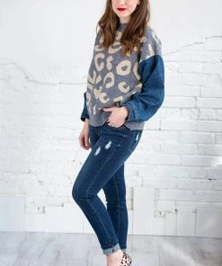 Adora Leopard Knit Denim Sweater