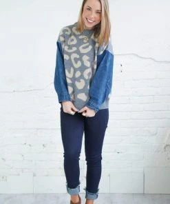 Adora Leopard Knit Denim Sweater