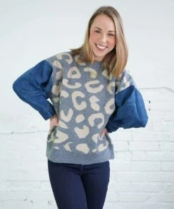 Adora Leopard Knit Denim Sweater