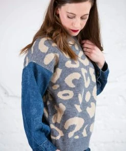 Adora Leopard Knit Denim Sweater