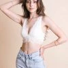 Leto Accessories Padded Plunge Alencon Lace Bralette In White Apparel