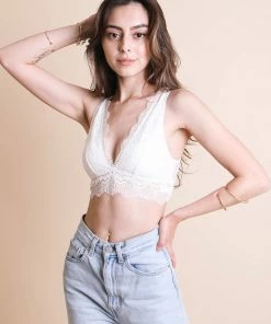 Leto Accessories Padded Plunge Alencon Lace Bralette In White Apparel
