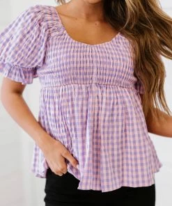 Trendsi Gingham Smocked Babydoll Top In Lavender Pink 18 Trendsi Gingham Smocked Babydoll Top In Lavender Pink