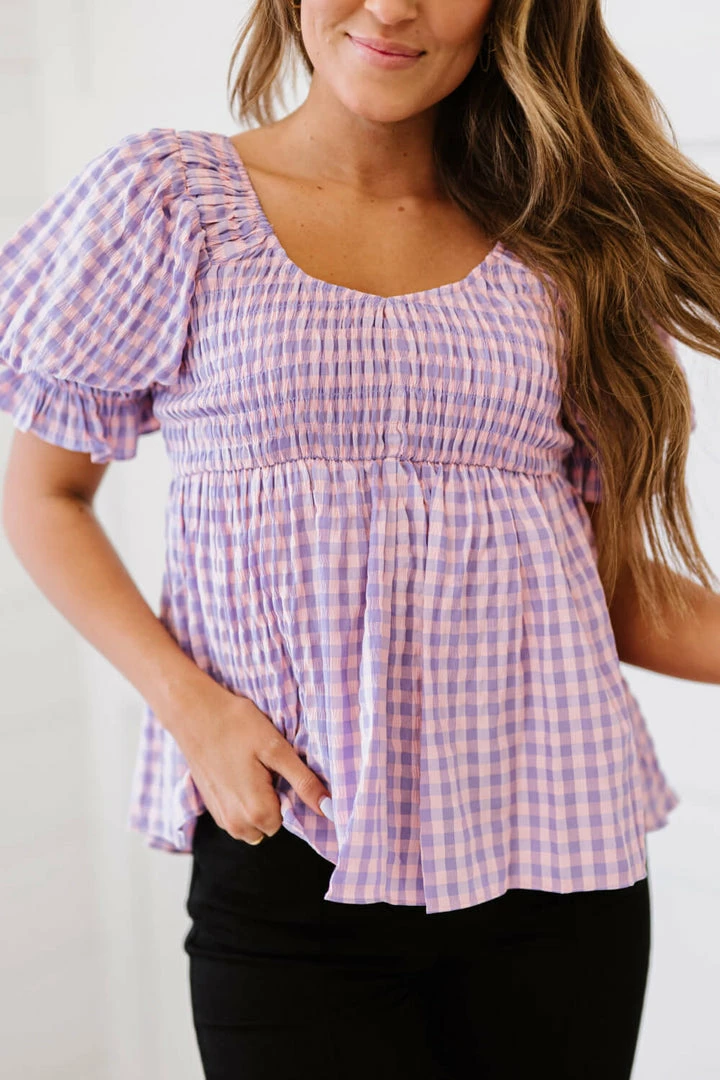 Trendsi Gingham Smocked Babydoll Top In Lavender Pink 9 Trendsi Gingham Smocked Babydoll Top In Lavender Pink