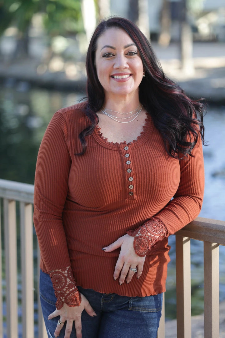 Boutique Simplified Cuffed With Love Rust Henley 1 Boutique Simplified Cuffed With Love Rust Henley