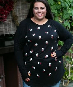 Boutique Simplified Skulls & Roses Thumbhole Top
