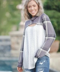 Boutique Simplified Peek Of Plaid Long Sleeve