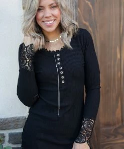 Boutique Simplified Cuffed With Love Black Henley