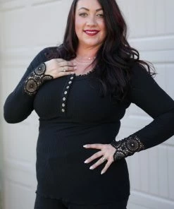 Boutique Simplified Cuffed With Love Black Henley