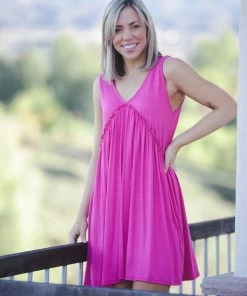 Boutique Simplified Feeling Ruffled Swing Dress- Fuchsia