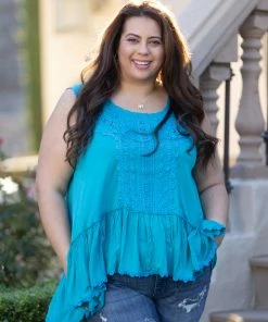 Boutique Simplified Aquatic Sleeveless Eyelet Lace Top