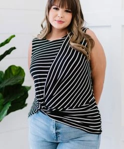 Trendsi Let's Be Honest Front Knot Stripe Tank In Black