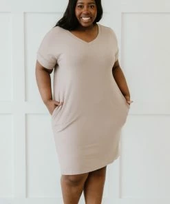 Trendsi Apparel Natural Beauty T-Shirt Dress With Pockets In Ash Mocha & Ash Rose