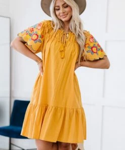 Trendsi Apparel Flowers For You Embroidered Dress In Mustard