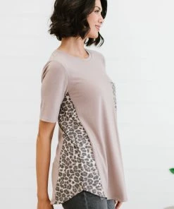 Trendsi Say Anything Leopard Panel Tee In Ash Mocha Apparel