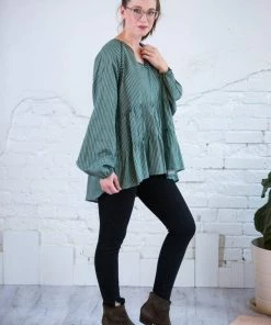 Cotton Bleu Striped Tiered Top W/ Embroidery Tops