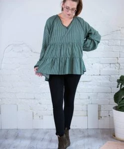 Cotton Bleu Striped Tiered Top W/ Embroidery Tops