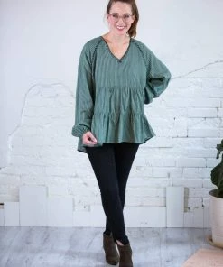 Cotton Bleu Striped Tiered Top W/ Embroidery Tops