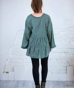 Cotton Bleu Striped Tiered Top W/ Embroidery Tops