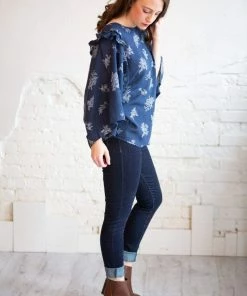 Cotton Bleu Waverly Navy Floral Ruffle Sleeve