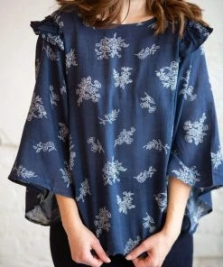 Cotton Bleu Waverly Navy Floral Ruffle Sleeve