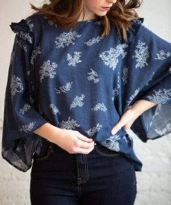 Cotton Bleu Waverly Navy Floral Ruffle Sleeve