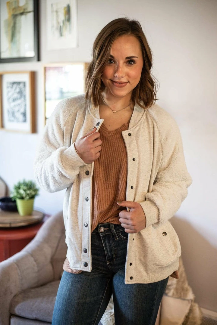 Cotton Bleu Apparel Cozy Creamy Ivory Varsity Jacket (GHG-L) 1 Cotton Bleu Apparel Cozy Creamy Ivory Varsity Jacket (GHG-L)