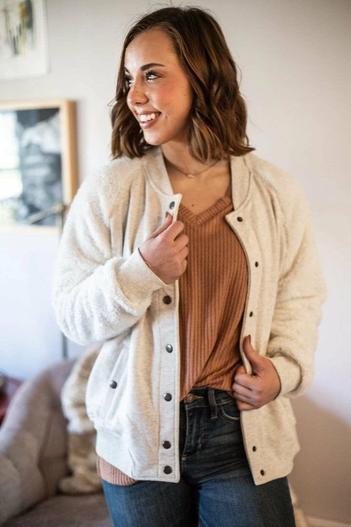 Cotton Bleu Apparel Cozy Creamy Ivory Varsity Jacket (GHG-L) 4 Cotton Bleu Apparel Cozy Creamy Ivory Varsity Jacket (GHG-L)