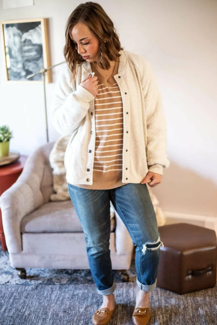 Cotton Bleu Apparel Cozy Creamy Ivory Varsity Jacket (GHG-L) 3 Cotton Bleu Apparel Cozy Creamy Ivory Varsity Jacket (GHG-L)