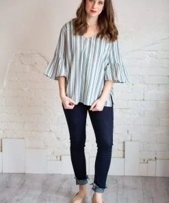 Cotton Bleu Avery Grey Blue Stripped Top Tops