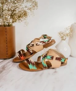 Miami Shoe Apparel Tan And Turquoise Aztec Sandals